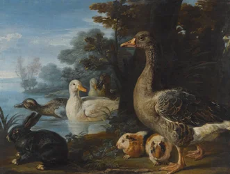 Patos, un ganso, cobayas y un conejo en un paisaje boscoso junto a un lago